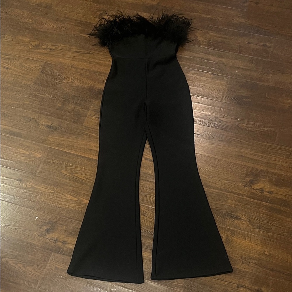 Elegant Black Feather Trim Jumpsuit